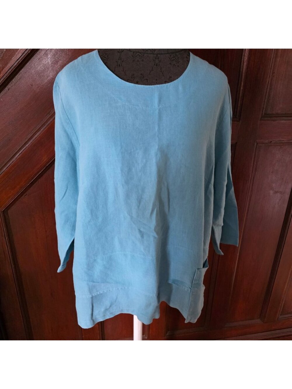 Mosaic Womens Blue Linen Tunic Top With Pocket 3/4 Sleeves Medium Made In USA